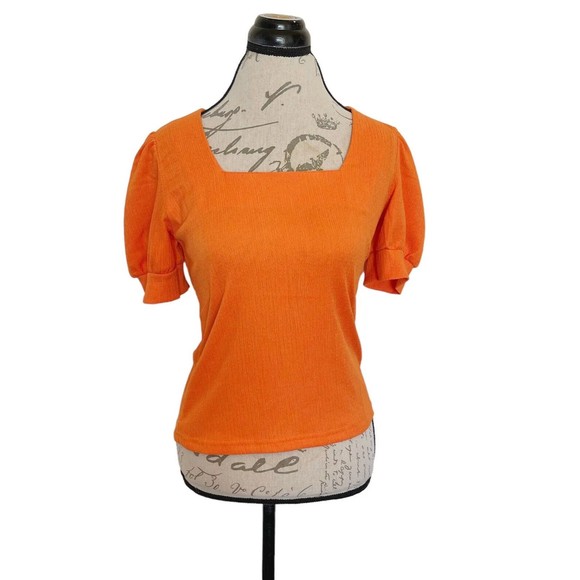 Big Dart Womens Blouse Orange Puff Sleeve Pleated Stretch Crinkle Size Medium - Picture 5 of 12